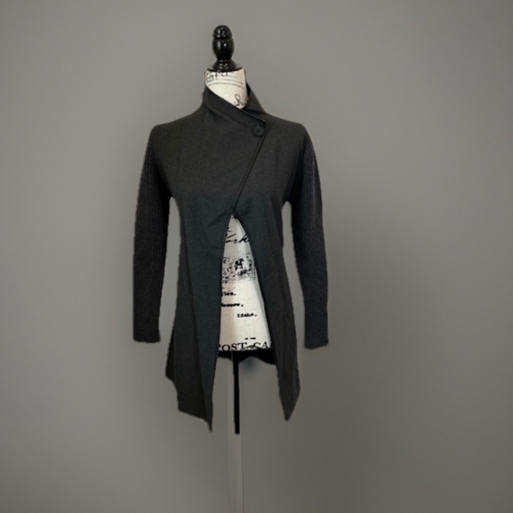 Lafayette 148 New York Knit Cardigan‎ Sweater Ribbed Sleeve Gray Size S